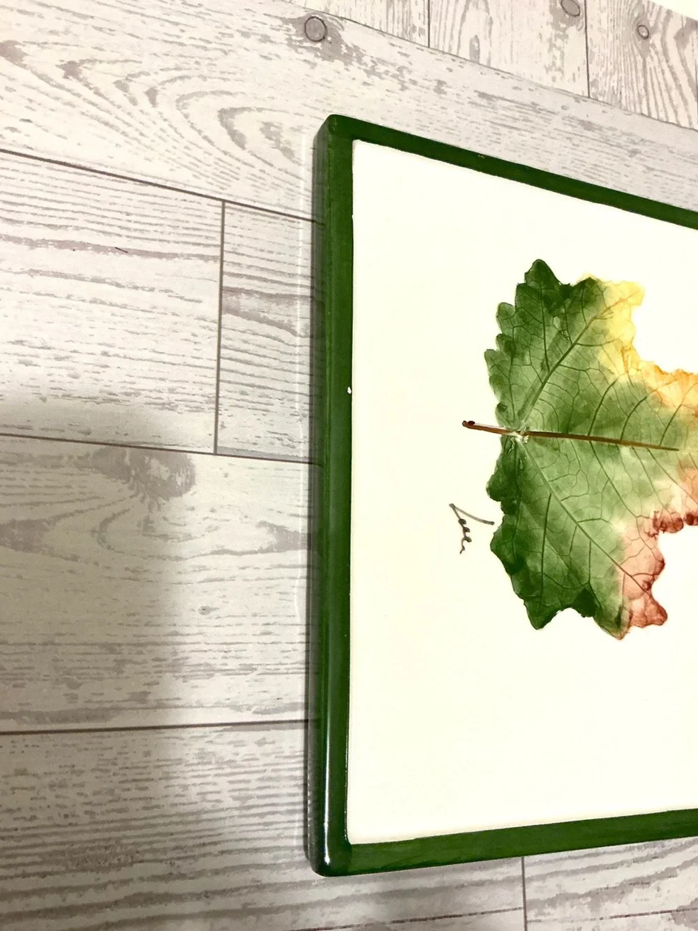 Pier 1 Ceramic Trivet with maple Leaf in Green, Cream and Brown